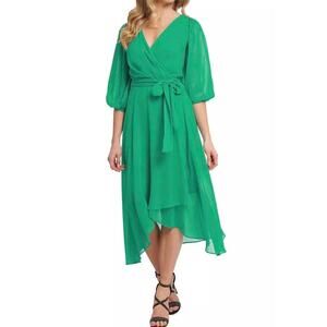 DKNY Apple Green Faux Wrap Chiffon Dress Balloon Sleeve Size 8 NWT